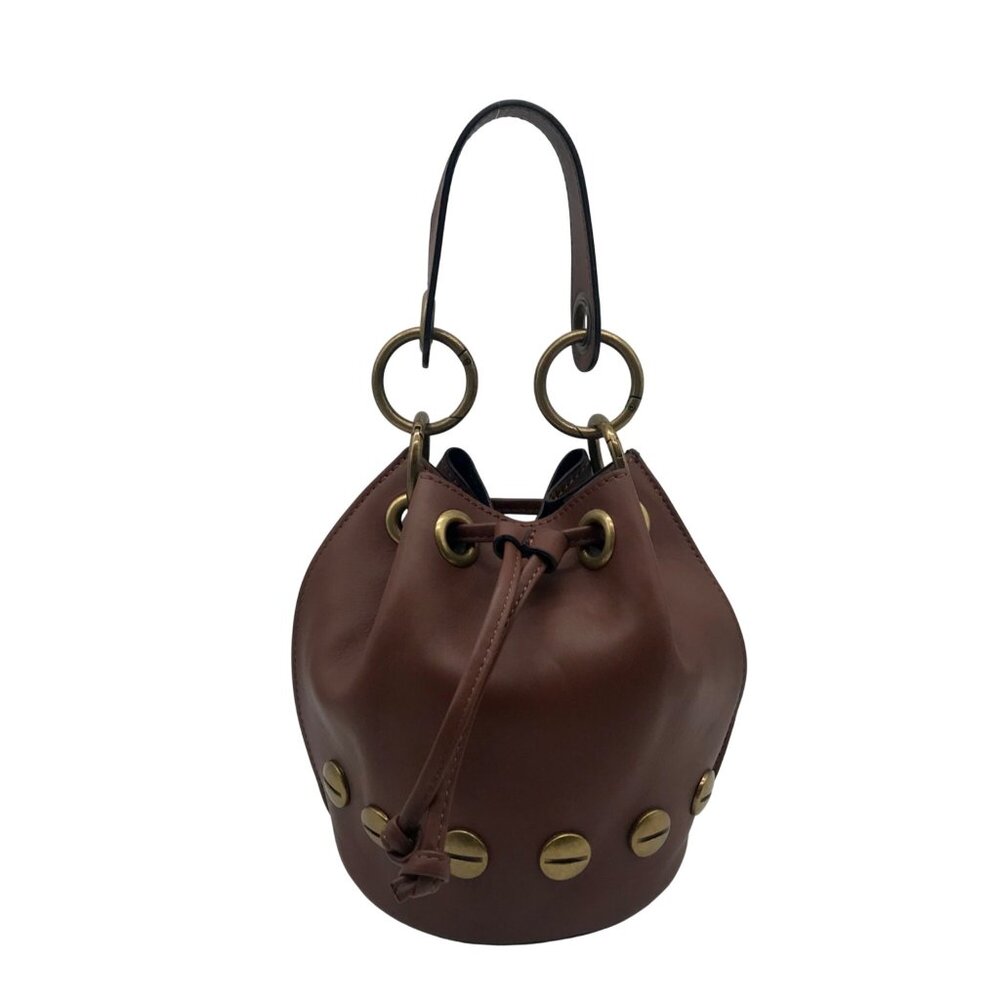 Stella Bianca Brown Leather Drawcord Studded Bucket Bag